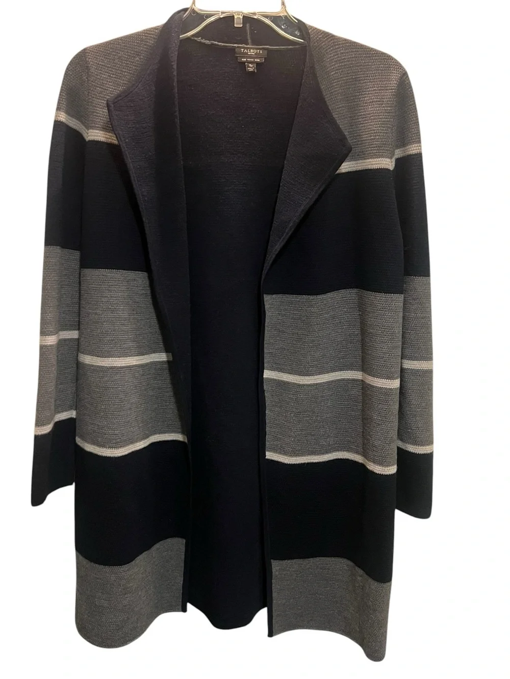 Talbots - Pure Merino Wool - Black and Gray Open-Front Striped Cardigan